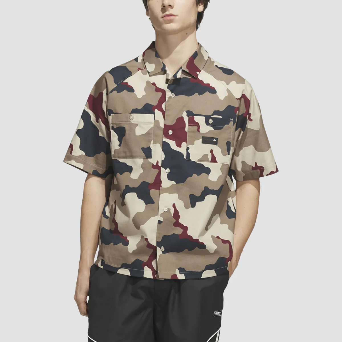adidas Skateboarding FS+ Camo Button Up Short Sleeve Shirt Khaki Three/Khaki Six/Aurora Ink/Shadow Red